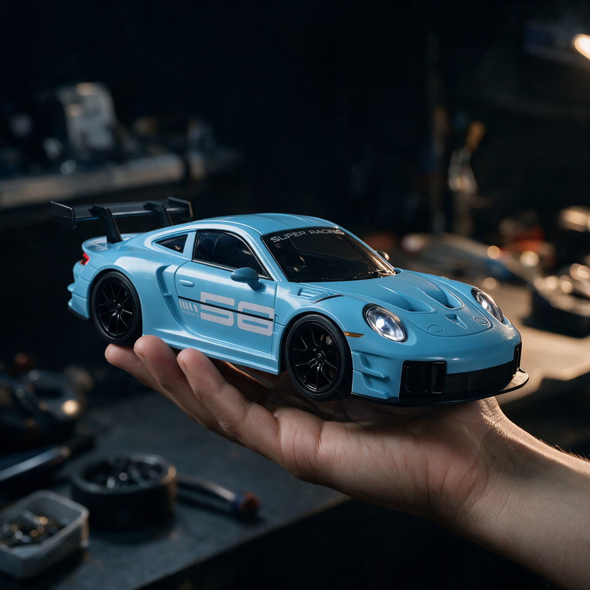 Größenvergleich: MiniDrift RC Auto (21 cm) auf einer Hand