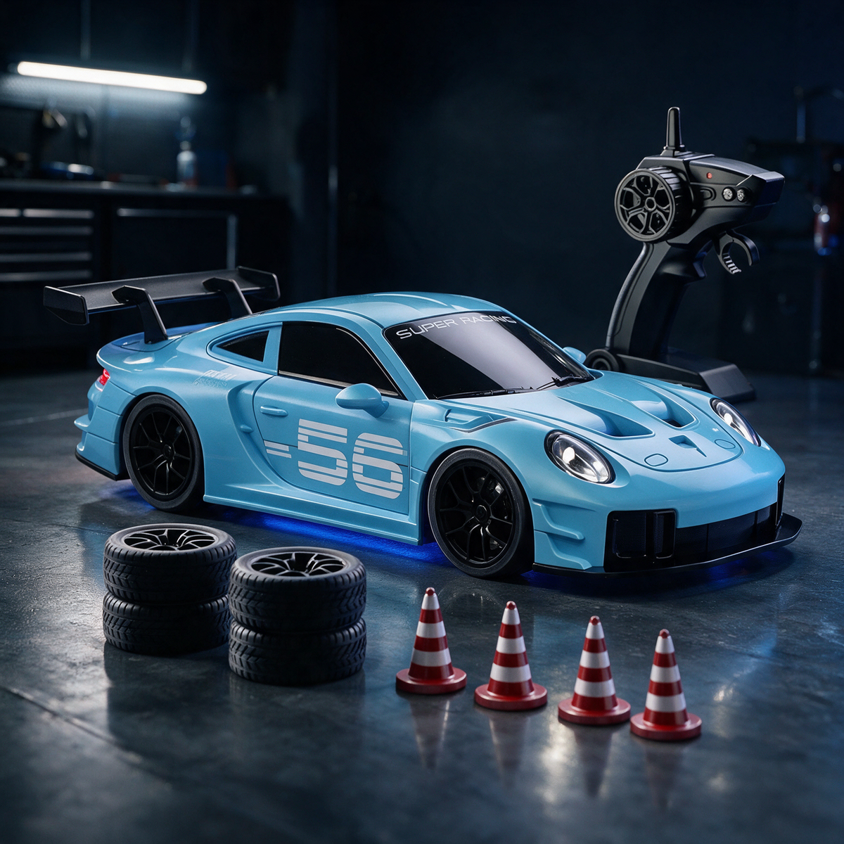 MiniDrift RC Drift Auto in Blau mit Fernsteuerung, Wechselreifen und Pylonen in einer dunklen Garage
