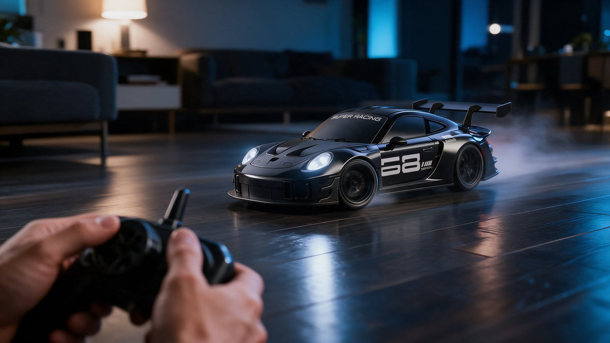 MiniDrift RC Drift Auto driftet abends über Parkett im Wohnzimmer