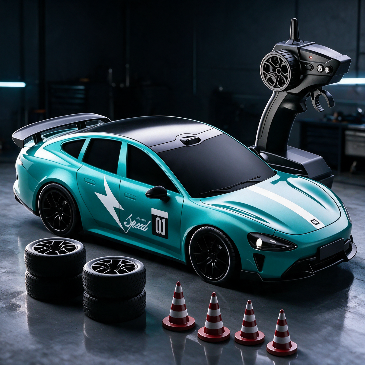 MiniDrift RC Drift Auto in Grün mit Fernsteuerung, Wechselreifen und Pylonen in einer dunklen Garage