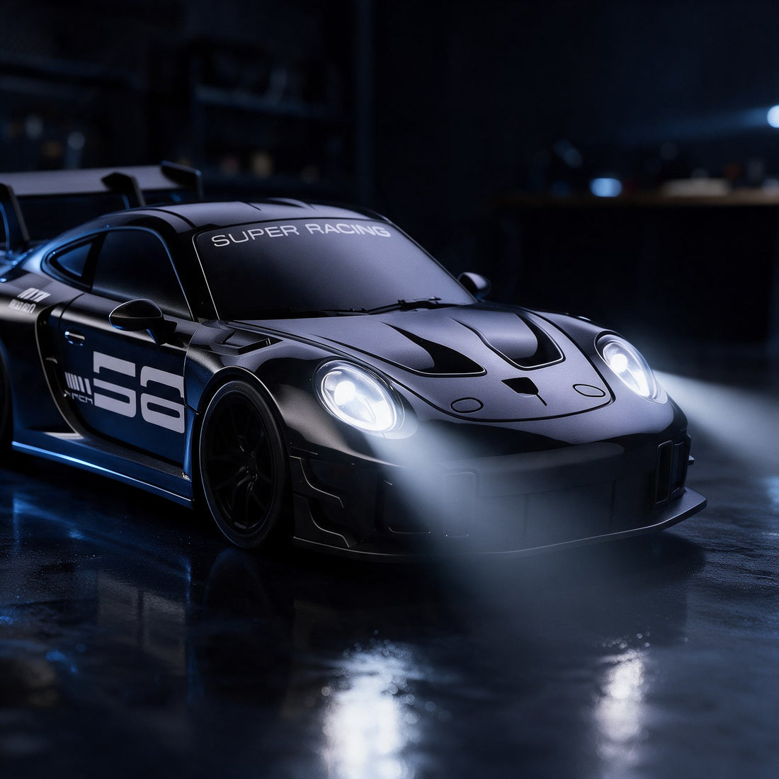 MiniDrift RC Drift Auto mit eingeschalteten LED-Scheinwerfern