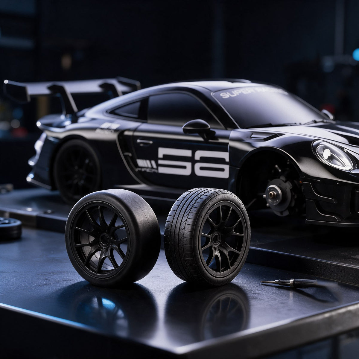 Drift-Reifen und Renn-Reifen neben dem MiniDrift RC Auto