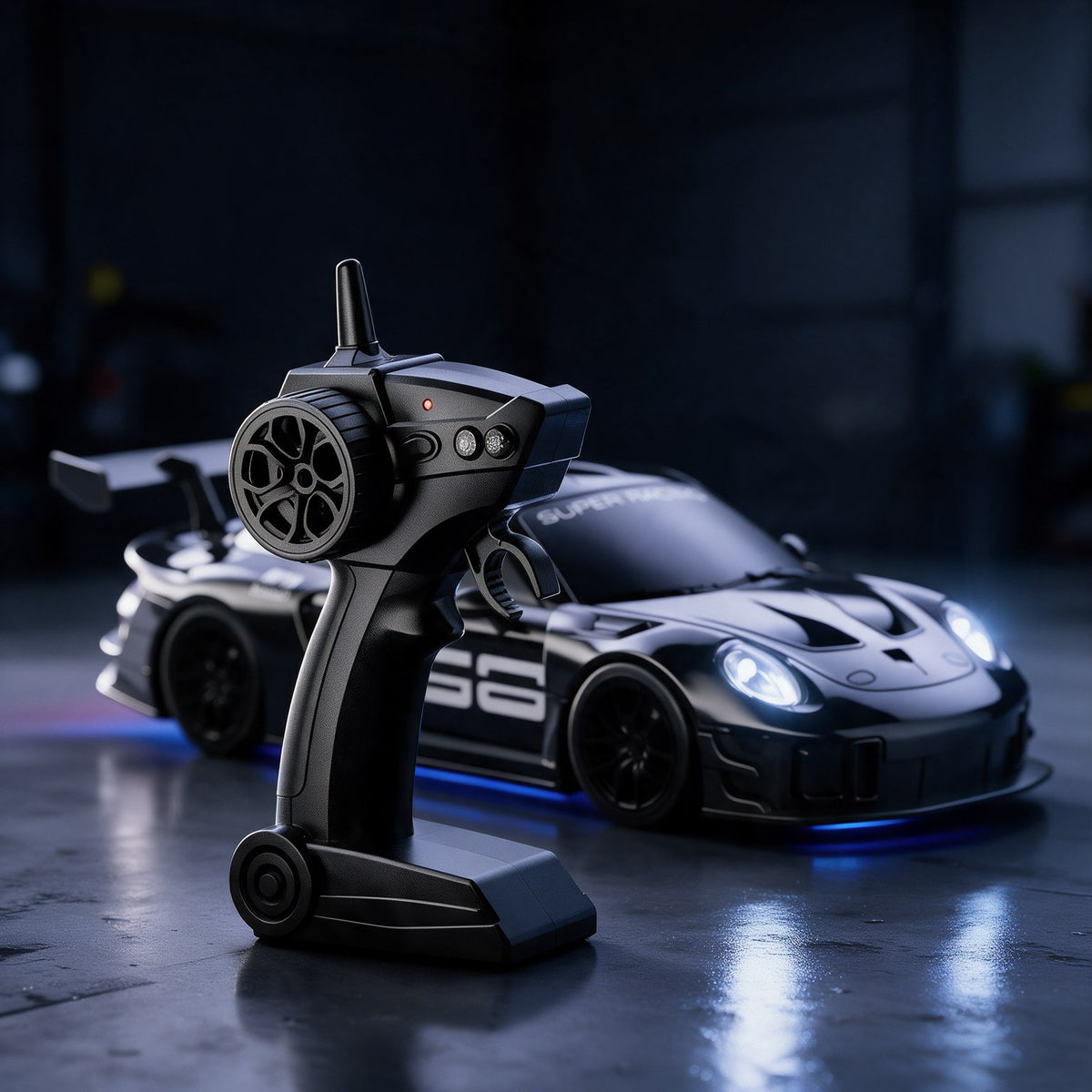 MiniDrift Fernsteuerung 2,4 GHz vor dem schwarzen RC Drift Auto